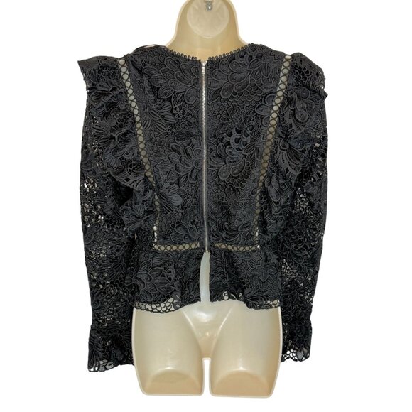 Karina Grimaldi Paula Black Lace Deep V Ruffle Long Sleeve Top NWT- Size S - Picture 3 of 7